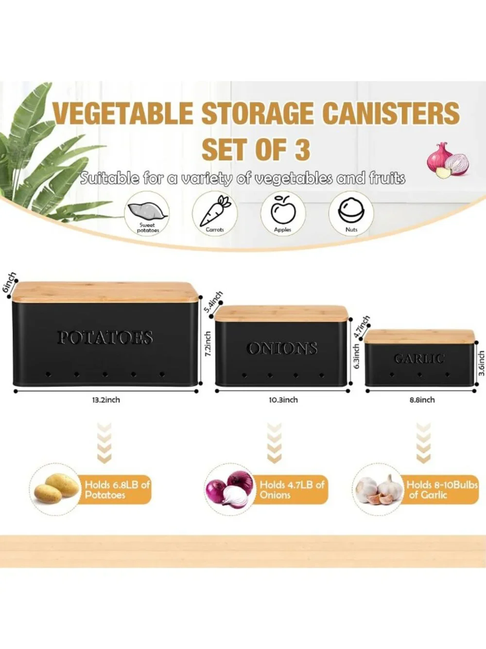 3-Piece Metal Storage Bins Set for Potatoes, Onions & Garlic - Stylish Black